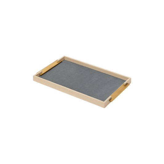 Dama Wood Tray, Rectangular with Leather Lining & Metal Handles