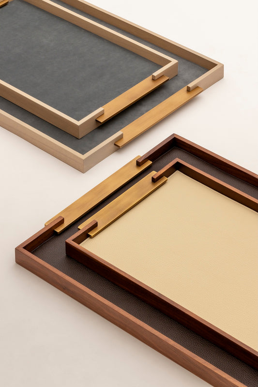 Dama Wood Tray, Rectangular L with Leather Lining & Metal Handles
