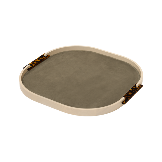 Dama Wood Tray, Rounded with Leather Lining & Tortoise Shell Acetate Handles