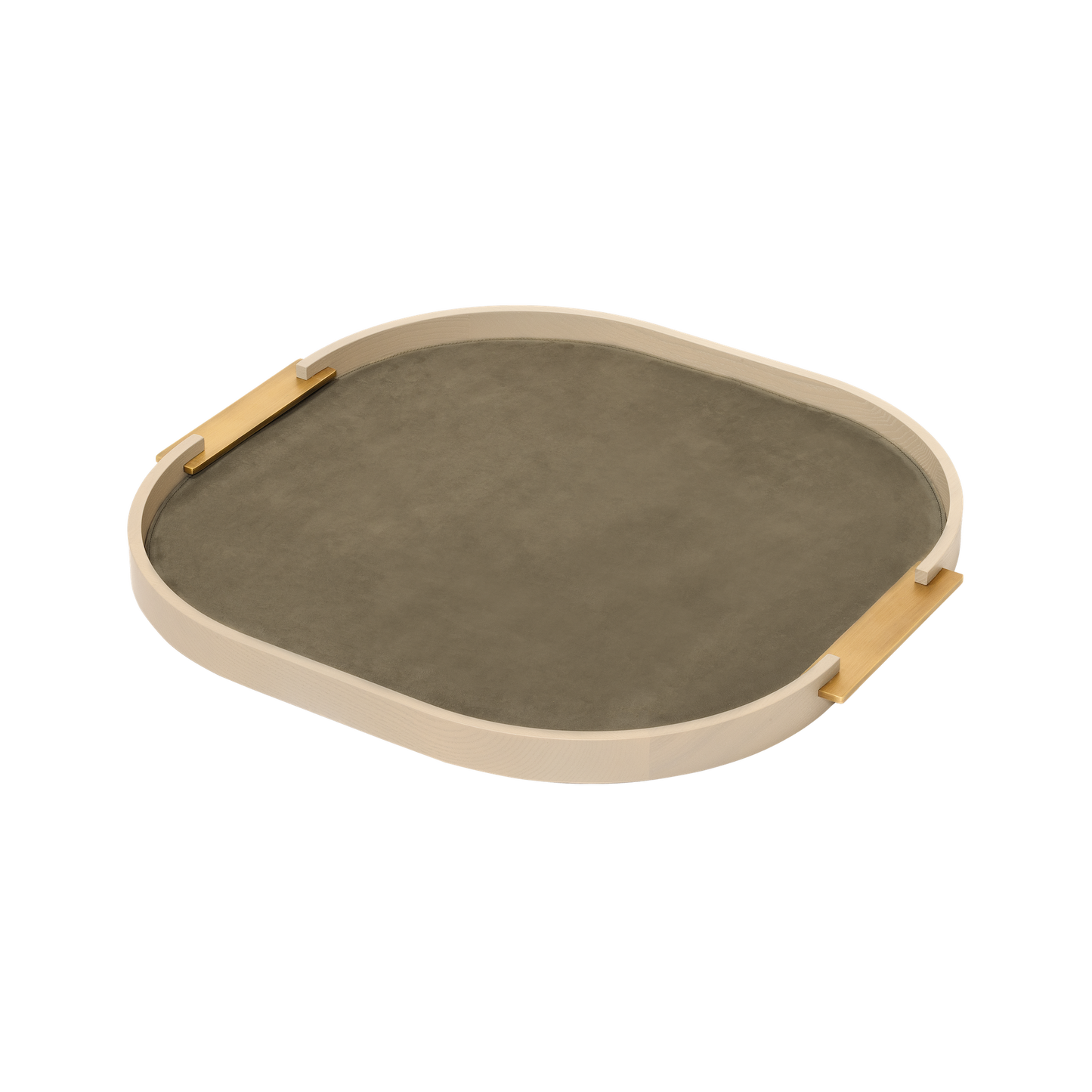 Dama Wood Tray, Rounded L with Leather Lining & Metal Handles