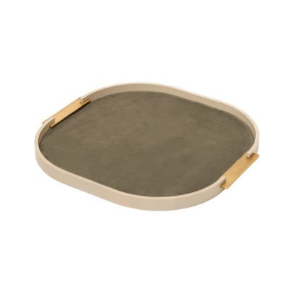 Dama Wood Tray, Rounded L with Leather Lining & Metal Handles