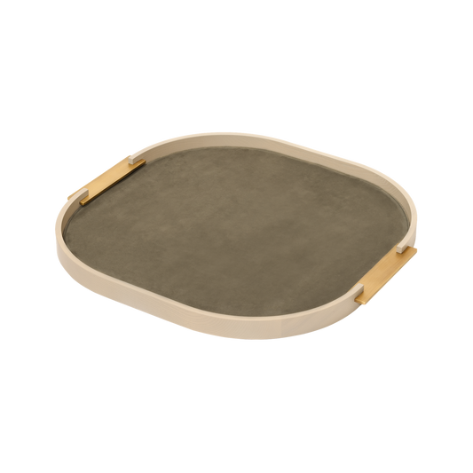 Dama Wood Tray, Rounded L with Leather Lining & Metal Handles