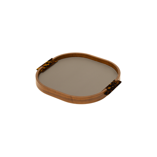 Dama Wood Tray, Rounded with Leather Lining & Tortoise Shell Acetate Handles