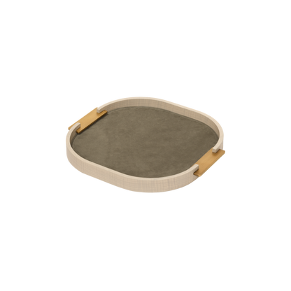 Dama Wood Tray, Rounded with Leather Lining & Metal Handles