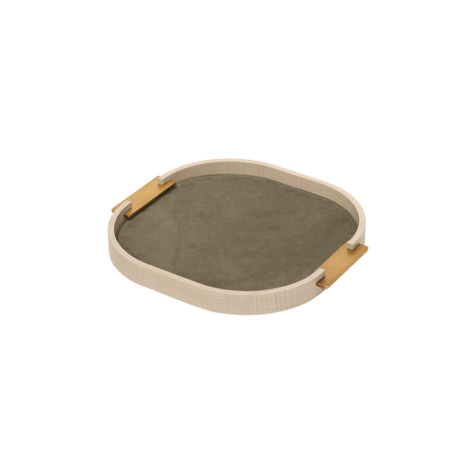 Dama Wood Tray, Rounded with Leather Lining & Metal Handles