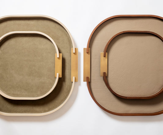 Dama Wood Tray, Rounded L with Leather Lining & Metal Handles