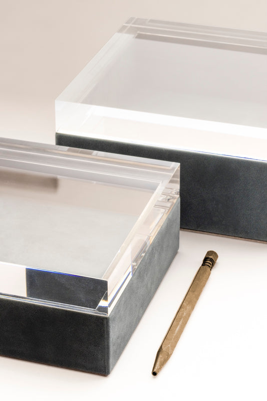 Riviere Febe | Box: Leather with acrylic lid, fine nabuk padded lining, available in multiple shapes and sizes for versatile storage and display | Decor / Trinket Boxes | 2Jour Concierge, your luxury lifestyle shop | luxury interiors, hospitality décor, elegant living, designer home accessories, boutique hotels, refined lifestyle, yacht décor, executive interiors
