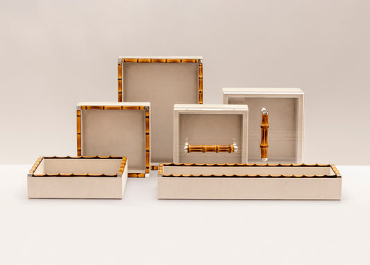 Riviere Bice | Valet Tray: Leather with nabuk lining, detailed with bamboo trim, available in multiple formats for desk, dresser, or bedside organisation | Decor / Valet Trays | 2Jour Concierge, your luxury lifestyle shop | luxury interiors, hospitality décor, elegant living, designer home accessories, boutique hotels, refined lifestyle, yacht décor, executive interiors