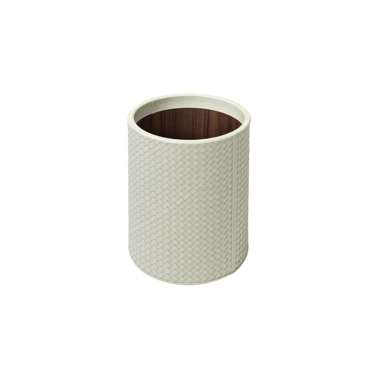 Riviere Ivo | Round Bin: Leather with varnished wood lining, offered in handwoven, herringbone, diamond, or lines quilted patterns, in two height options, with matching lid and acrylic lining accessories | Office + Tech / Bins | 2Jour Concierge, your luxury lifestyle shop | luxury interiors, hospitality décor, elegant living, designer office accessories, boutique hotels, refined lifestyle, yacht décor, executive interiors