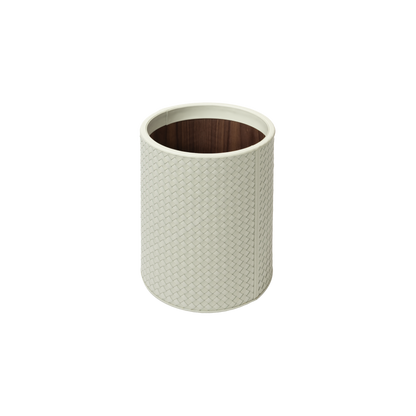 Riviere Ivo | Round Bin: Leather with varnished wood lining, offered in handwoven, herringbone, diamond, or lines quilted patterns, in two height options, with matching lid and acrylic lining accessories | Office + Tech / Bins | 2Jour Concierge, your luxury lifestyle shop | luxury interiors, hospitality décor, elegant living, designer office accessories, boutique hotels, refined lifestyle, yacht décor, executive interiors
