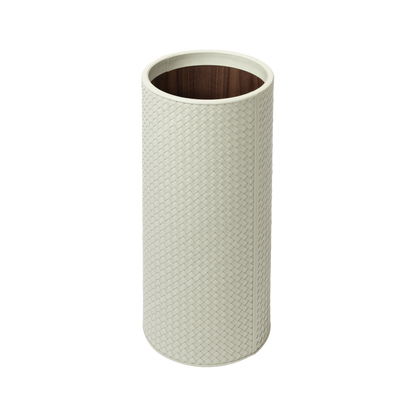 Riviere Ivo | Round Bin: Leather with varnished wood lining, offered in handwoven, herringbone, diamond, or lines quilted patterns, in two height options, with matching lid and acrylic lining accessories | Office + Tech / Bins | 2Jour Concierge, your luxury lifestyle shop | luxury interiors, hospitality décor, elegant living, designer office accessories, boutique hotels, refined lifestyle, yacht décor, executive interiors