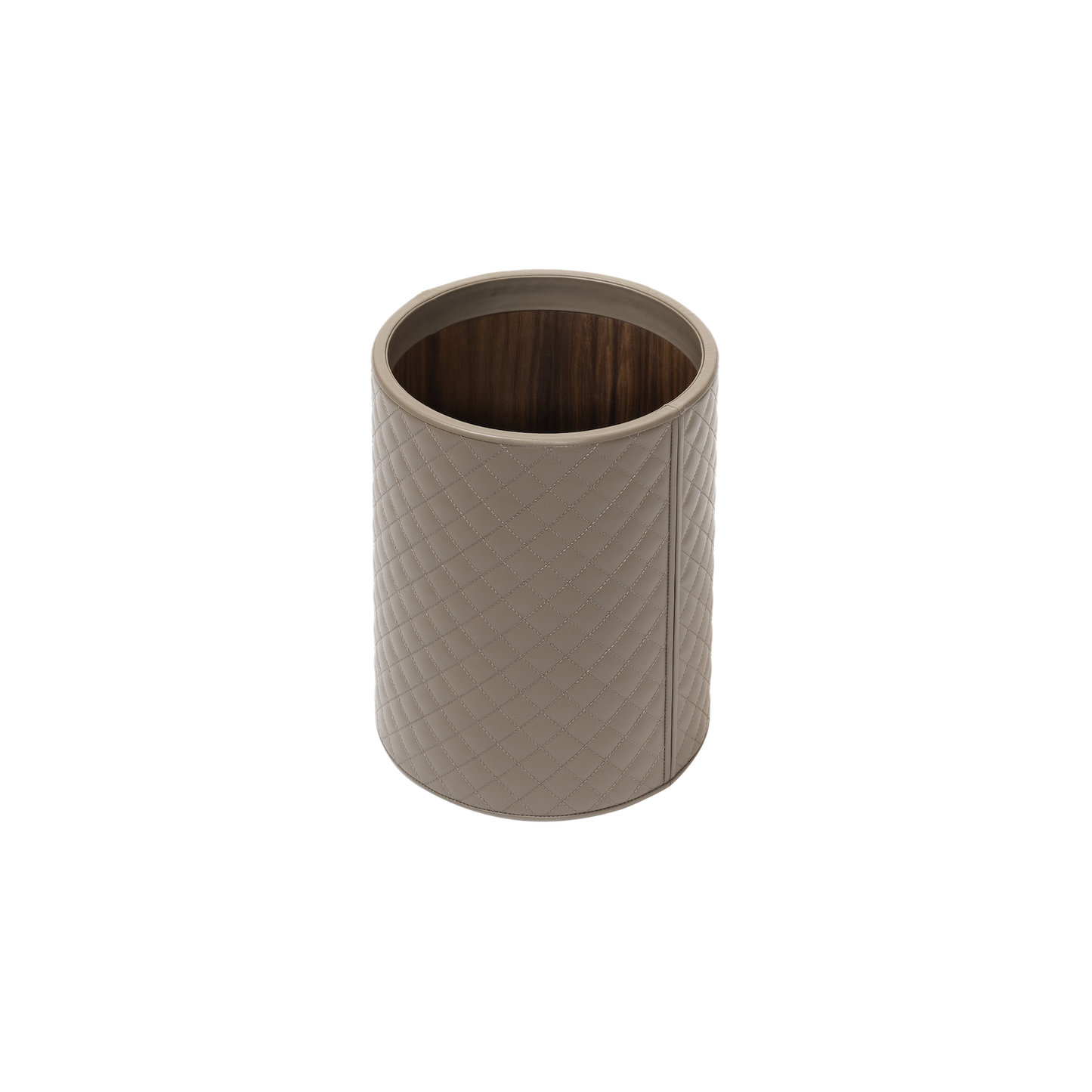 Riviere Ivo | Round Bin: Leather with varnished wood lining, offered in handwoven, herringbone, diamond, or lines quilted patterns, in two height options, with matching lid and acrylic lining accessories | Office + Tech / Bins | 2Jour Concierge, your luxury lifestyle shop | luxury interiors, hospitality décor, elegant living, designer office accessories, boutique hotels, refined lifestyle, yacht décor, executive interiors