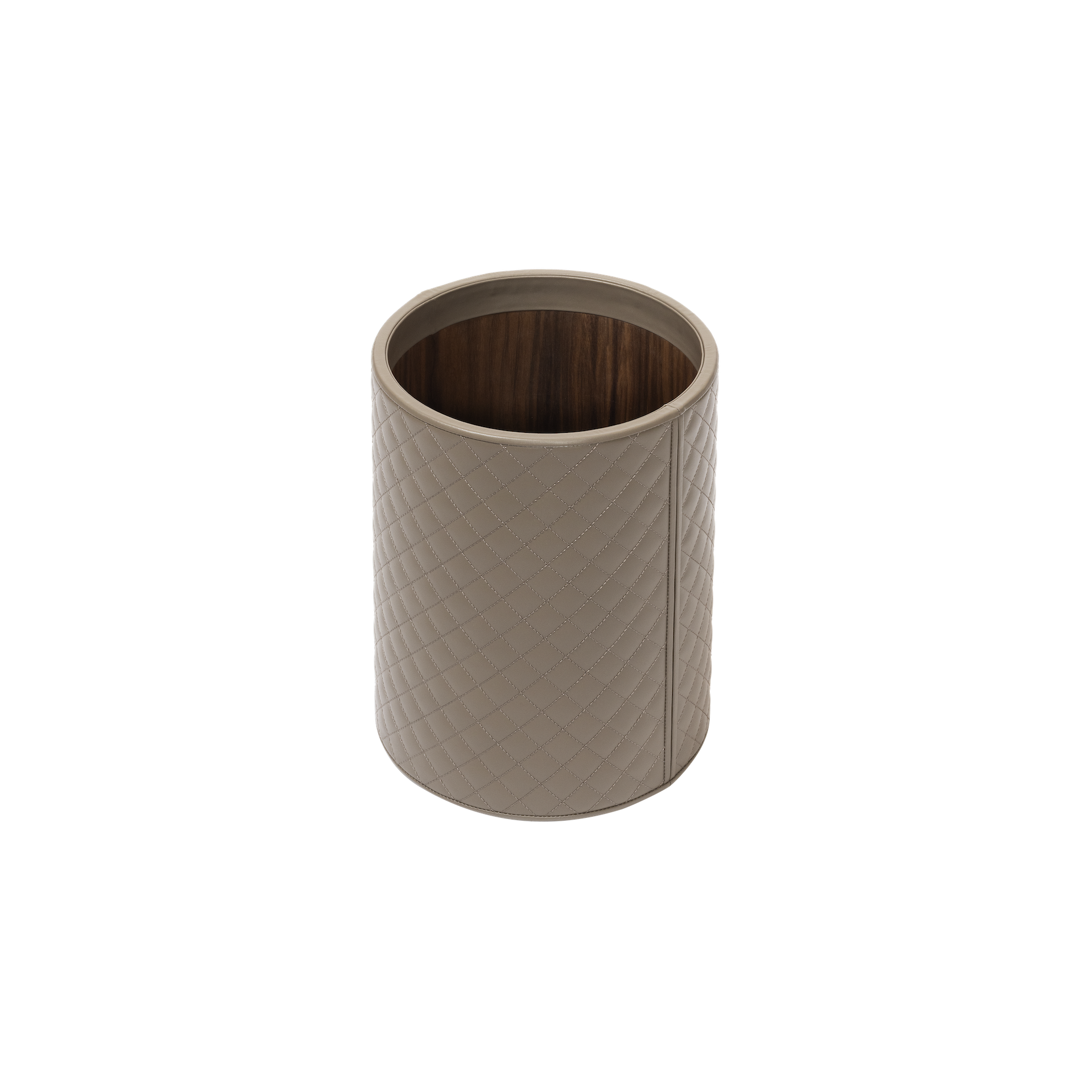 Riviere Ivo | Round Bin: Leather with varnished wood lining, offered in handwoven, herringbone, diamond, or lines quilted patterns, in two height options, with matching lid and acrylic lining accessories | Office + Tech / Bins | 2Jour Concierge, your luxury lifestyle shop | luxury interiors, hospitality décor, elegant living, designer office accessories, boutique hotels, refined lifestyle, yacht décor, executive interiors