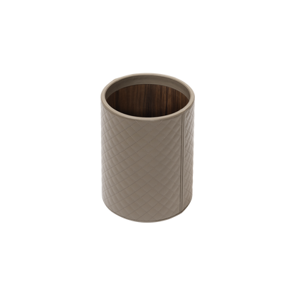 Riviere Ivo | Round Bin: Leather with varnished wood lining, offered in handwoven, herringbone, diamond, or lines quilted patterns, in two height options, with matching lid and acrylic lining accessories | Office + Tech / Bins | 2Jour Concierge, your luxury lifestyle shop | luxury interiors, hospitality décor, elegant living, designer office accessories, boutique hotels, refined lifestyle, yacht décor, executive interiors