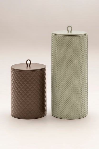 Riviere Ivo | Round Bin: Leather with varnished wood lining, offered in handwoven, herringbone, diamond, or lines quilted patterns, in two height options, with matching lid and acrylic lining accessories | Office + Tech / Bins | 2Jour Concierge, your luxury lifestyle shop | luxury interiors, hospitality décor, elegant living, designer office accessories, boutique hotels, refined lifestyle, yacht décor, executive interiors
