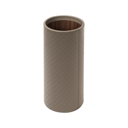 Riviere Ivo | Round Bin: Leather with varnished wood lining, offered in handwoven, herringbone, diamond, or lines quilted patterns, in two height options, with matching lid and acrylic lining accessories | Office + Tech / Bins | 2Jour Concierge, your luxury lifestyle shop | luxury interiors, hospitality décor, elegant living, designer office accessories, boutique hotels, refined lifestyle, yacht décor, executive interiors