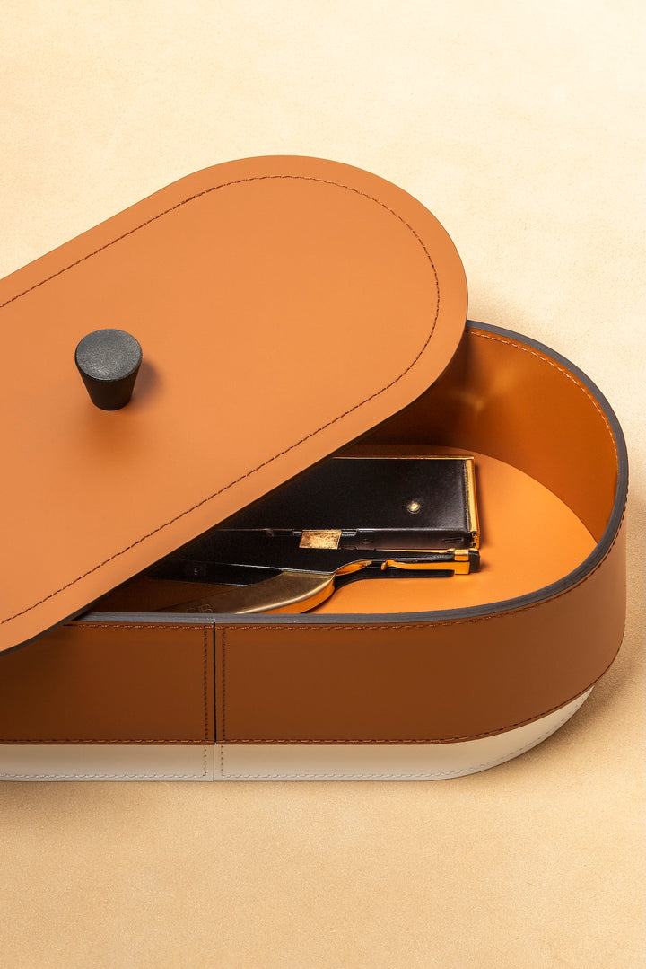 Rudi Zenit | Desk Set: Regenerated leather with contrasting base and smooth, matte finish, featuring a complete suite of accessories (desk blotter, pen holder, trays, and boxes) for organized and elegant workspaces | Office + Tech / Desk Sets & Organizers | 2Jour Concierge, your luxury lifestyle shop