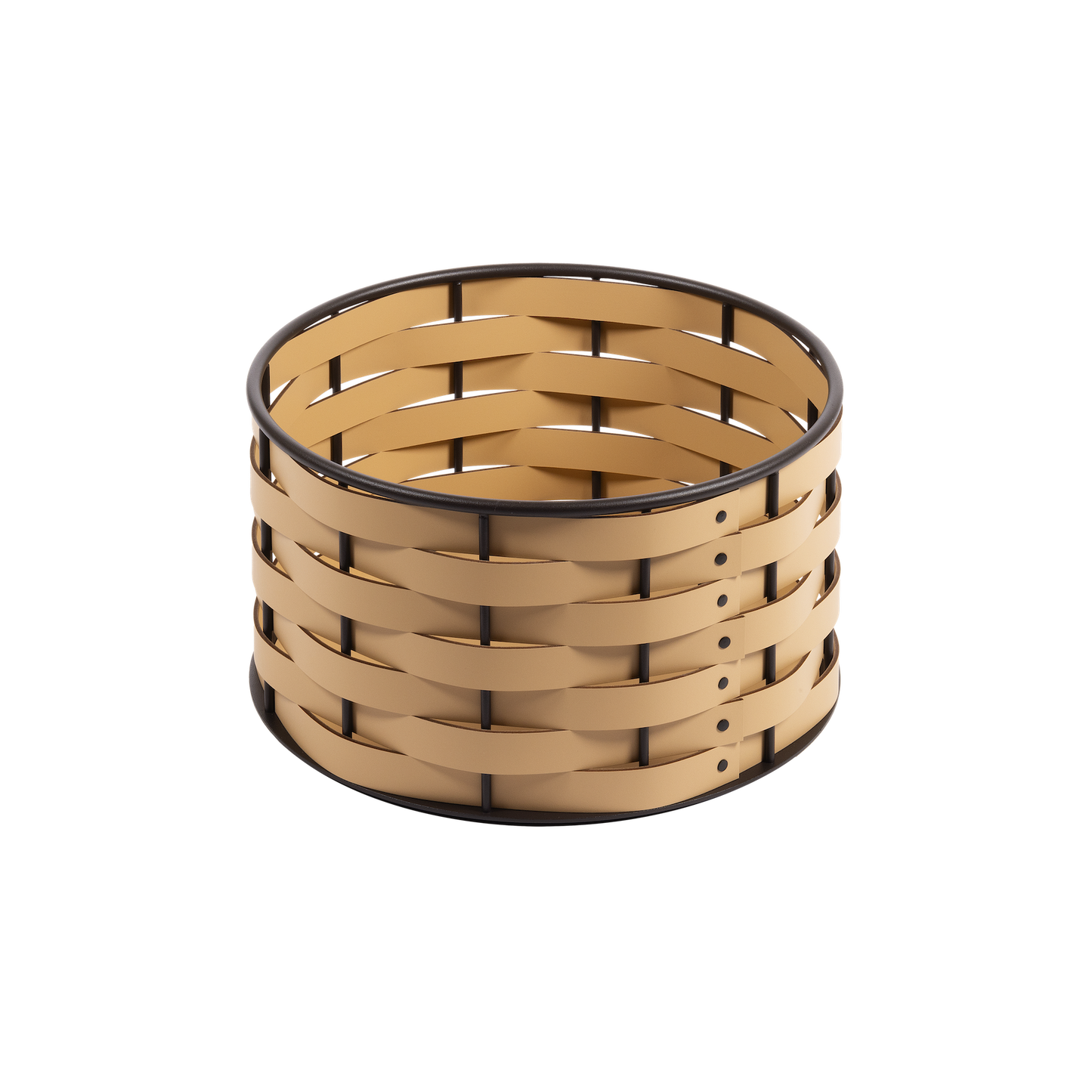 Nassa Storage Basket: Dark-Stained Aluminum Framework, Regenerated Leather Weaving, Round Low