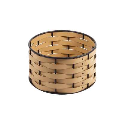 Nassa Storage Basket: Dark-Stained Aluminum Framework, Regenerated Leather Weaving, Round Low
