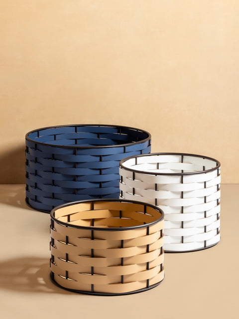 Nassa Storage Basket: Dark-Stained Aluminum Framework, Regenerated Leather Weaving, Round Low