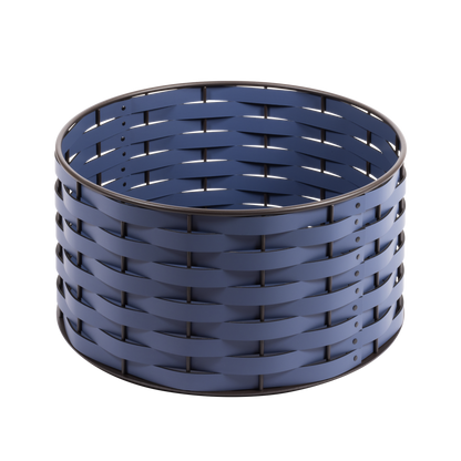 Nassa Storage Basket: Dark-Stained Aluminum Framework, Regenerated Leather Weaving, Round Low