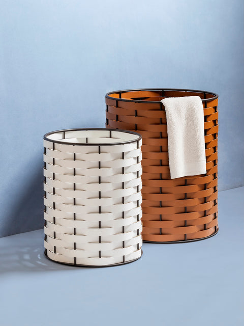Rudi Nassa | Basket: Regenerated leather with woven structure, dark-stained aluminum frame, and smooth, matte finish, ideal for storing laundry, towels, or magazines, suitable for indoor or outdoor use | Storage / Storage Baskets & Boxes | 2Jour Concierge, your luxury lifestyle shop