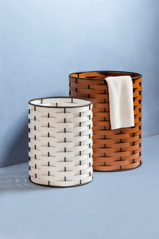 Rudi Nassa | Basket: Regenerated leather with woven structure, dark-stained aluminum frame, and smooth, matte finish, ideal for storing laundry, towels, or magazines, suitable for indoor or outdoor use | Storage / Storage Baskets & Boxes | 2Jour Concierge, your luxury lifestyle shop
