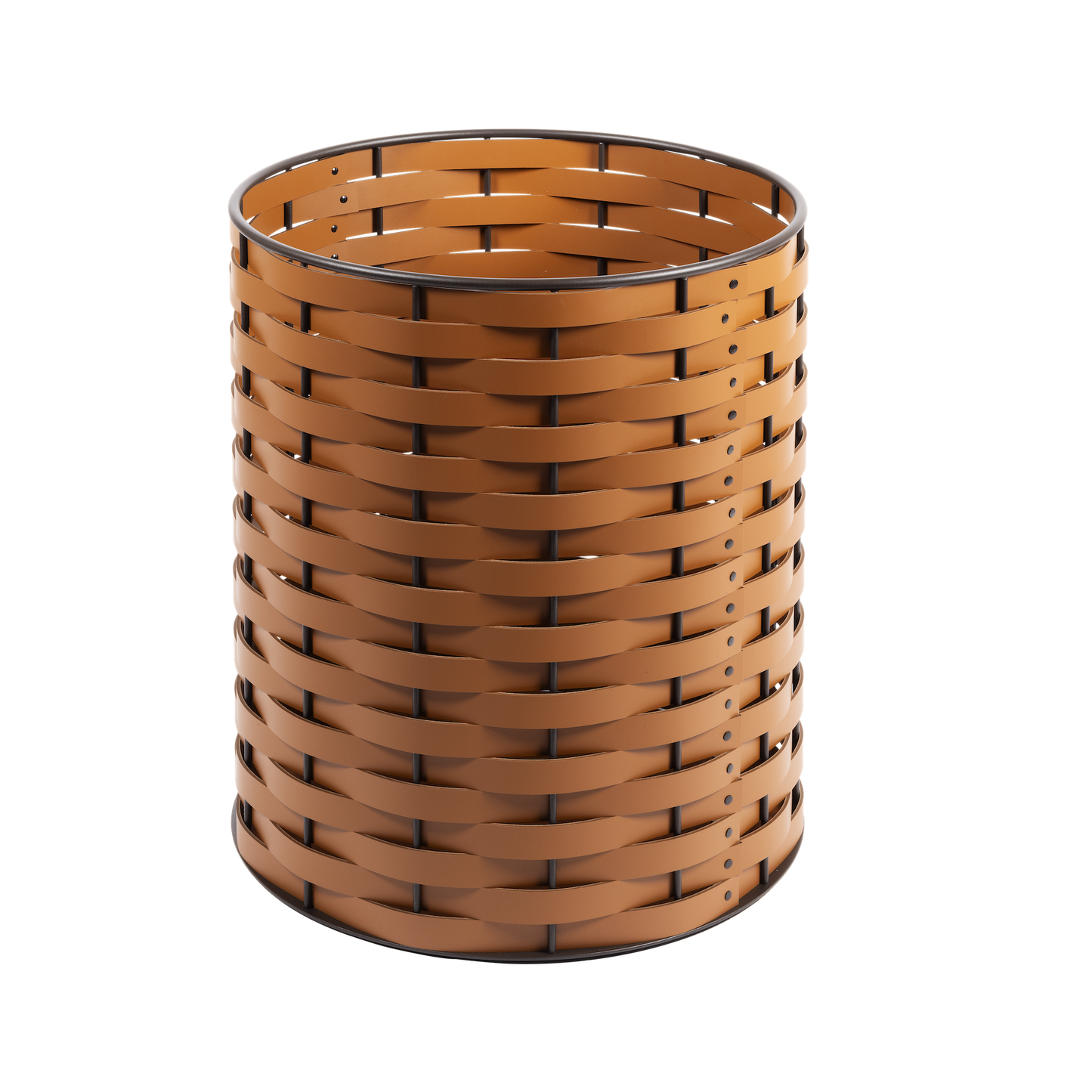 Rudi Nassa | Basket: Regenerated leather with woven structure, dark-stained aluminum frame, and smooth, matte finish, ideal for storing laundry, towels, or magazines, suitable for indoor or outdoor use | Storage / Storage Baskets & Boxes | 2Jour Concierge, your luxury lifestyle shop