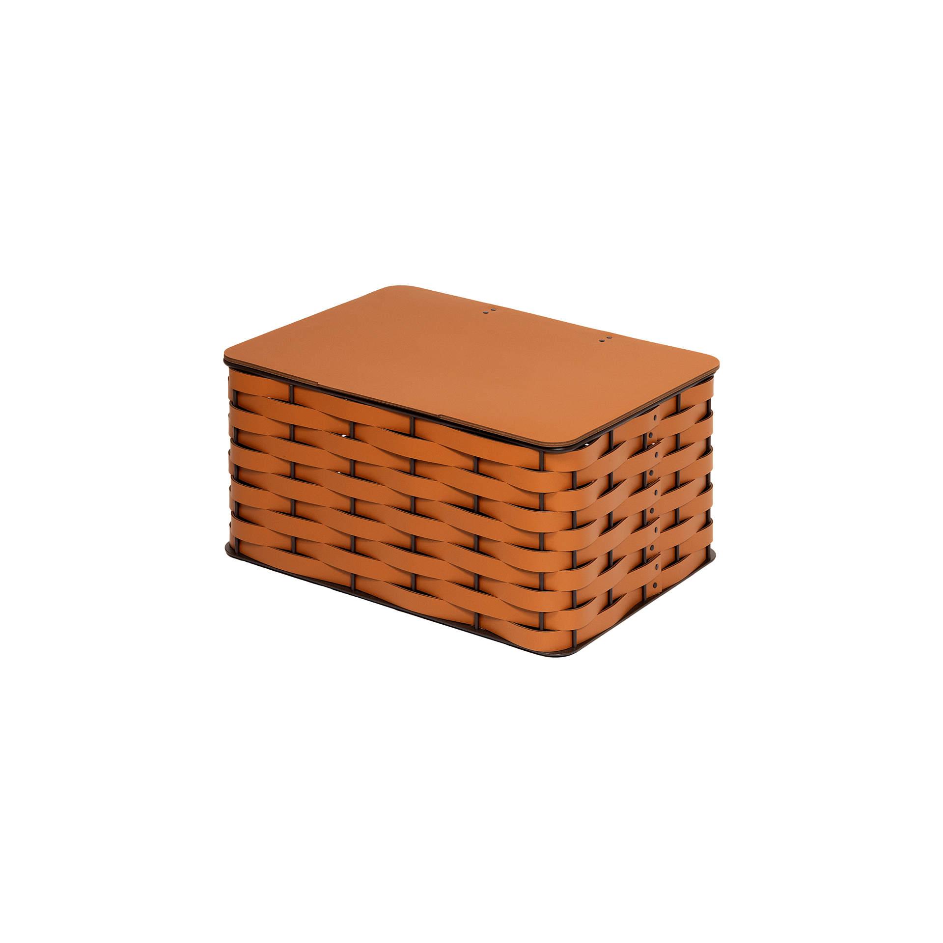 Rudi Nassa | Storage Basket: Regenerated leather woven over aluminium frame in an open rectangular format, designed for organized storage with a clear architectural presence | Storage / Storage Baskets & Boxes | 2Jour Concierge, your luxury lifestyle shop