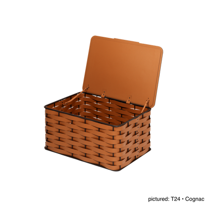 Rudi Nassa | Storage Basket: Regenerated leather woven over aluminium frame in an open rectangular format, designed for organized storage with a clear architectural presence | Storage / Storage Baskets & Boxes | 2Jour Concierge, your luxury lifestyle shop