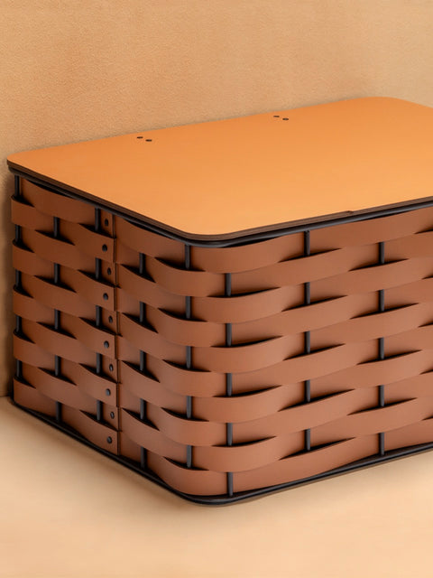 Rudi Nassa | Storage Basket: Regenerated leather woven over aluminium frame in an open rectangular format, designed for organized storage with a clear architectural presence | Storage / Storage Baskets & Boxes | 2Jour Concierge, your luxury lifestyle shop
