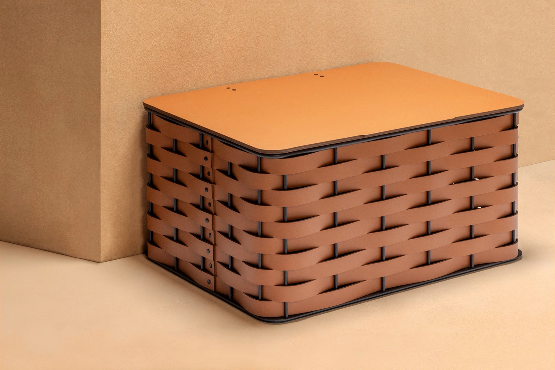 Rudi Nassa | Storage Basket: Regenerated leather woven over aluminium frame in an open rectangular format, designed for organized storage with a clear architectural presence | Storage / Storage Baskets & Boxes | 2Jour Concierge, your luxury lifestyle shop