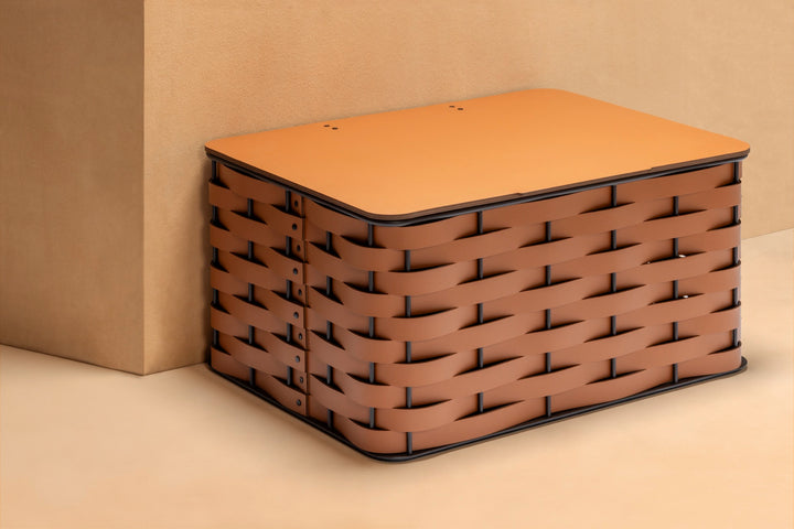Rudi Nassa | Storage Basket: Regenerated leather woven over aluminium frame in an open rectangular format, designed for organized storage with a clear architectural presence | Storage / Storage Baskets & Boxes | 2Jour Concierge, your luxury lifestyle shop