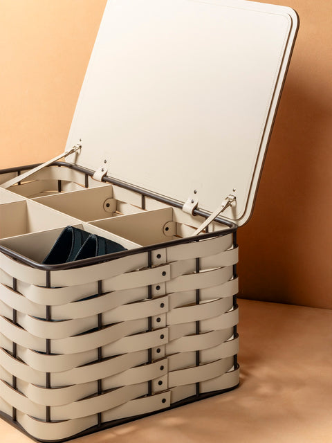 Rudi Nassa | Shoe Trunk: Regenerated leather woven over aluminium frame with hinged lid and rectangular format, designed for structured footwear storage in refined interiors | Storage / Storage Baskets & Boxes | 2Jour Concierge, your luxury lifestyle shop