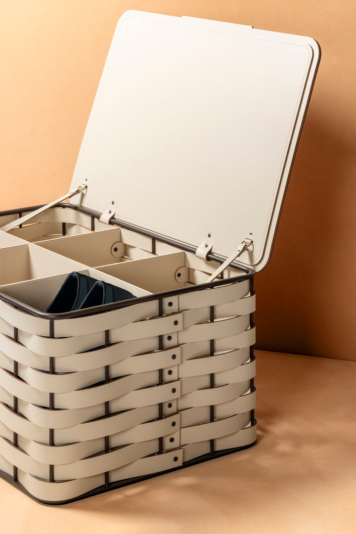 Rudi Nassa | Shoe Trunk: Regenerated leather woven over aluminium frame with hinged lid and rectangular format, designed for structured footwear storage in refined interiors | Storage / Storage Baskets & Boxes | 2Jour Concierge, your luxury lifestyle shop
