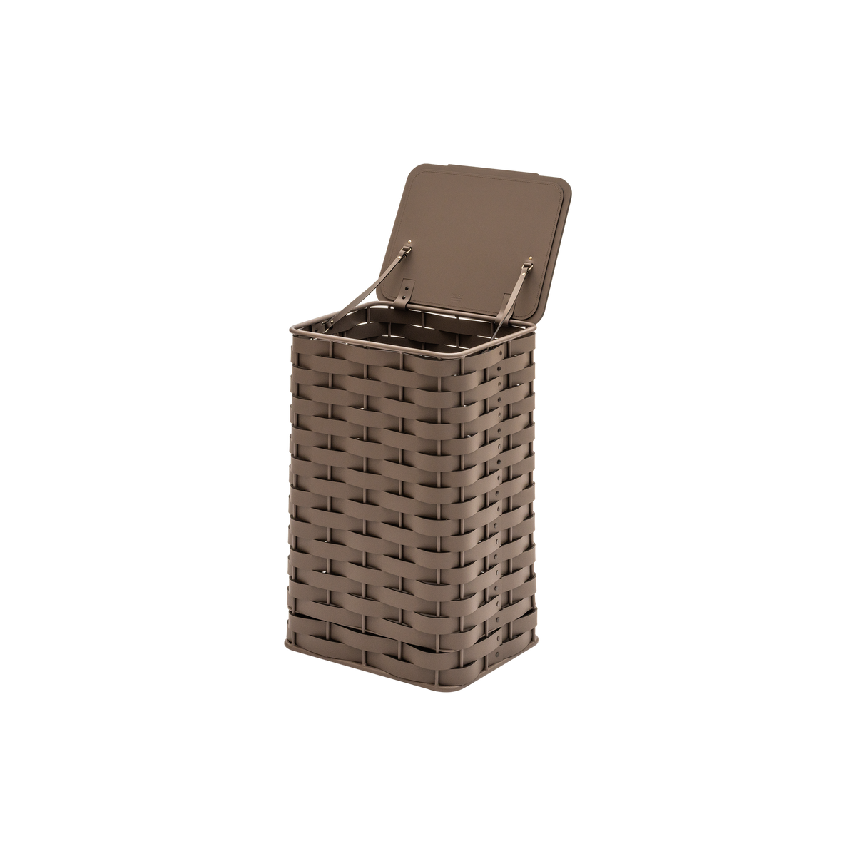 Rudi | Nassa Regular Laundry Basket: Dark-stained aluminum structure with Tecnocuoio® weaving — two sizes with or without lid, rubber feet or wheels | Storage | 2Jour Concierge, your luxury lifestyle shop | luxury laundry basket, Rudi Nassa, Tecnocuoio basket, designer laundry hamper, indoor outdoor basket