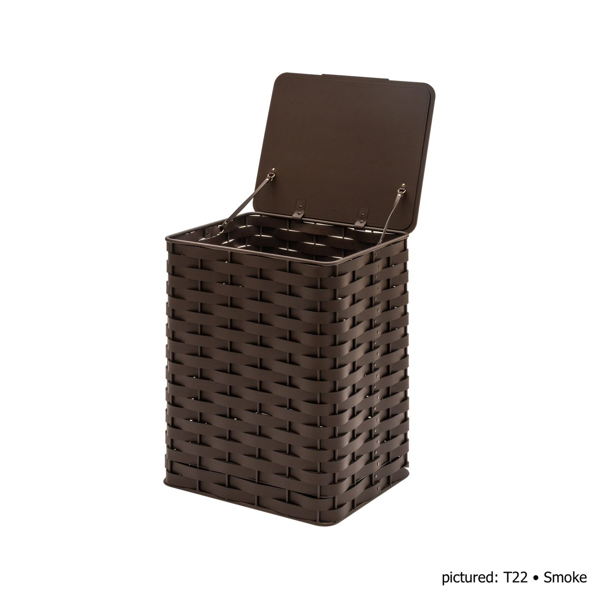 Rudi | Nassa Regular Laundry Basket: Dark-stained aluminum structure with Tecnocuoio® weaving — two sizes with or without lid, rubber feet or wheels | Storage | 2Jour Concierge, your luxury lifestyle shop | luxury laundry basket, Rudi Nassa, Tecnocuoio basket, designer laundry hamper, indoor outdoor basket
