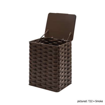 Rudi | Nassa Regular Laundry Basket: Dark-stained aluminum structure with Tecnocuoio® weaving — two sizes with or without lid, rubber feet or wheels | Storage | 2Jour Concierge, your luxury lifestyle shop | luxury laundry basket, Rudi Nassa, Tecnocuoio basket, designer laundry hamper, indoor outdoor basket