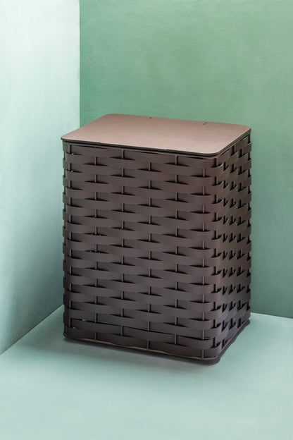 Rudi | Nassa Regular Laundry Basket: Dark-stained aluminum structure with Tecnocuoio® weaving — two sizes with or without lid, rubber feet or wheels | Storage | 2Jour Concierge, your luxury lifestyle shop | luxury laundry basket, Rudi Nassa, Tecnocuoio basket, designer laundry hamper, indoor outdoor basket