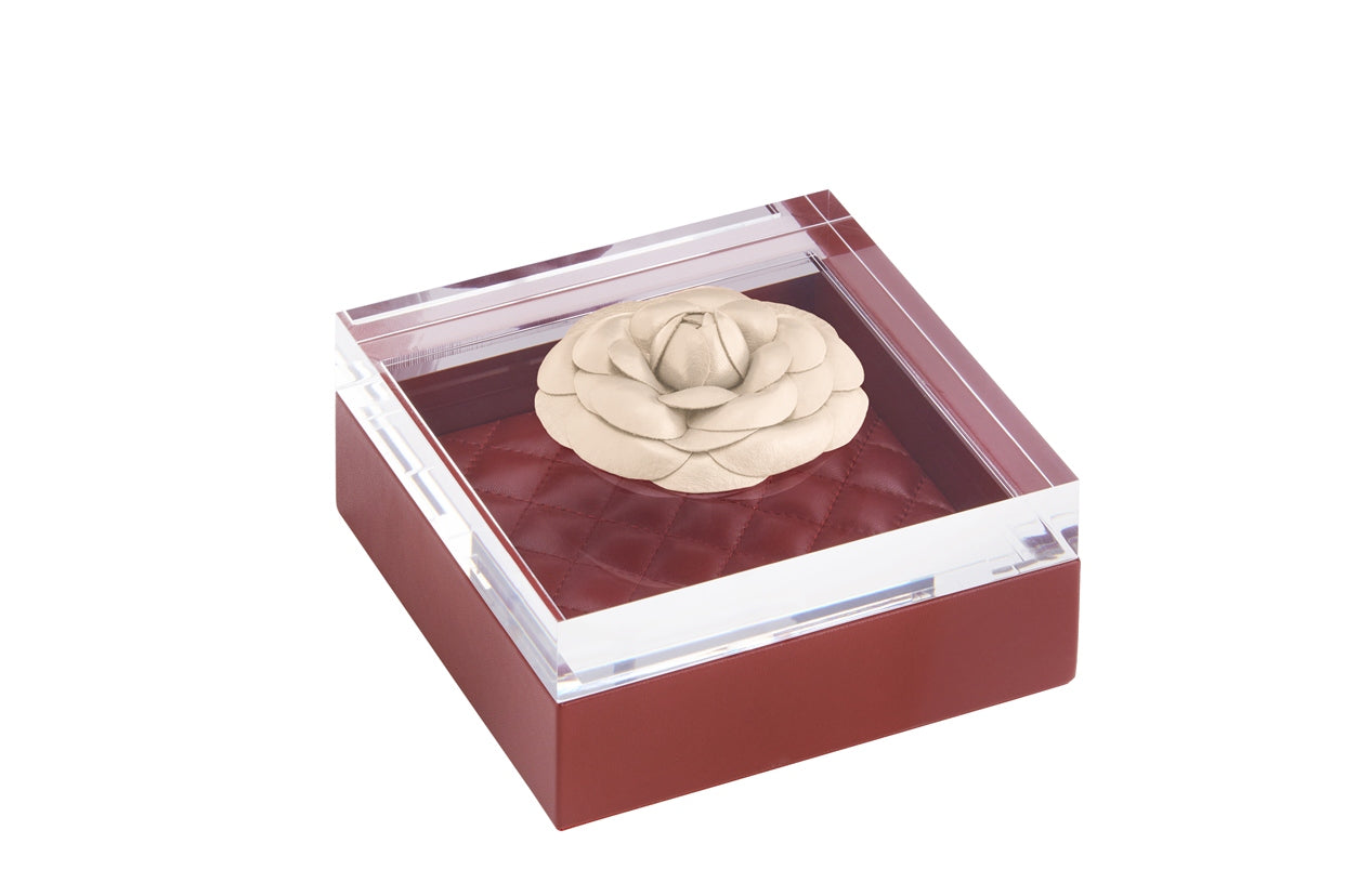 Fleur Camellia Trinket Box: Leather, Acrylic Lid, Quilted Diamonds Padded Lining, Square