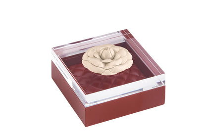 Fleur Camellia Trinket Box: Leather, Acrylic Lid, Quilted Diamonds Padded Lining, Square