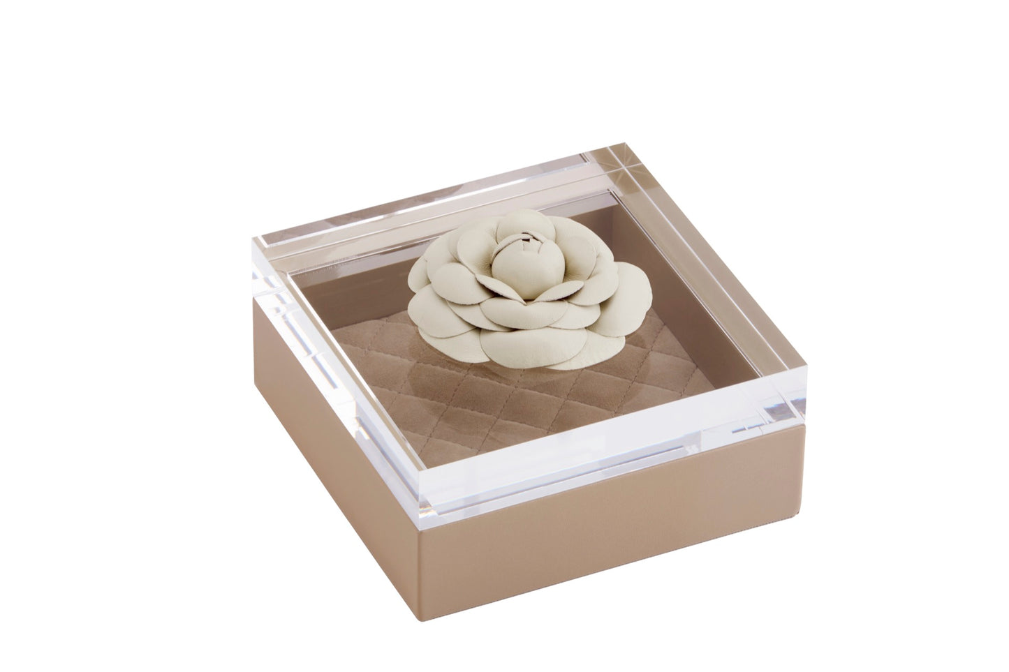 Fleur Rose Trinket Box: Leather, Acrylic Lid, Quilted Diamonds Padded Lining, Square