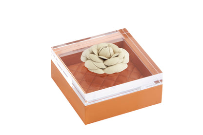 Fleur Rose Trinket Box: Leather, Acrylic Lid, Quilted Diamonds Padded Lining, Square