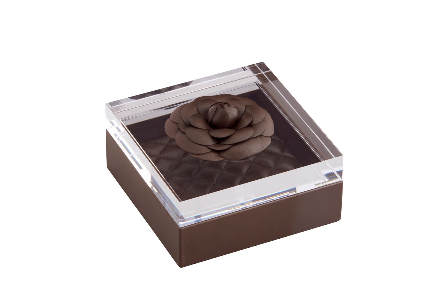 Fleur Rose Trinket Box: Leather, Acrylic Lid, Quilted Diamonds Padded Lining, Square