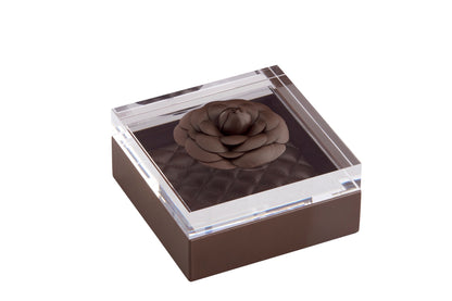 Fleur Rose Trinket Box: Leather, Acrylic Lid, Quilted Diamonds Padded Lining, Square