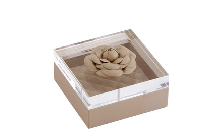 Fleur Rose Trinket Box: Leather, Acrylic Lid, Quilted Diamonds Padded Lining, Square