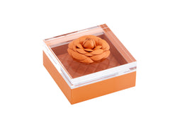 Febe Quilted Diamonds Leather-Covered Box Square with Acrylic Lid and Flower Detail