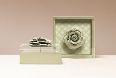Fleur Rose Trinket Box: Leather, Acrylic Lid, Quilted Diamonds Padded Lining, Square