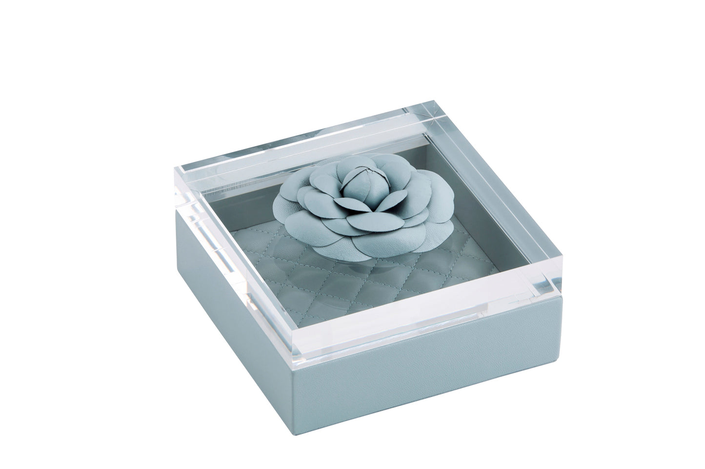 Iris Box Square by Riviere | Leather box with carved acrylic lid featuring a floral motif. | Home Decor and Storage | 2Jour Concierge, your luxury lifestyle shop