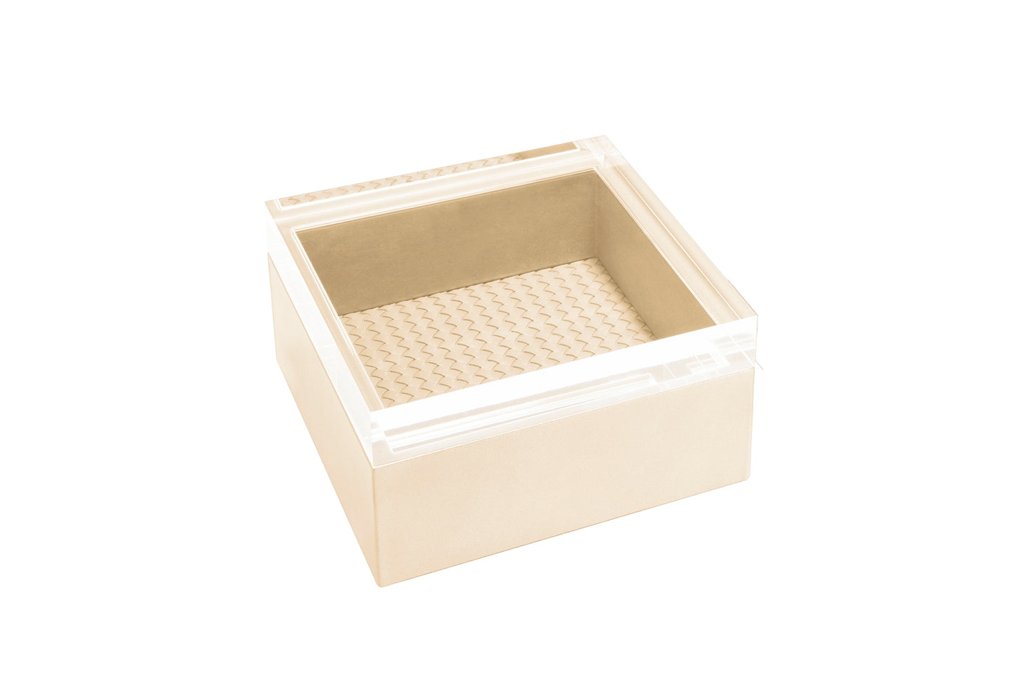 Febe Handwoven Box Square by Riviere | Leather box with acrylic lid and padded handwoven lining. | Home Decor and Storage | 2Jour Concierge, your luxury lifestyle shop